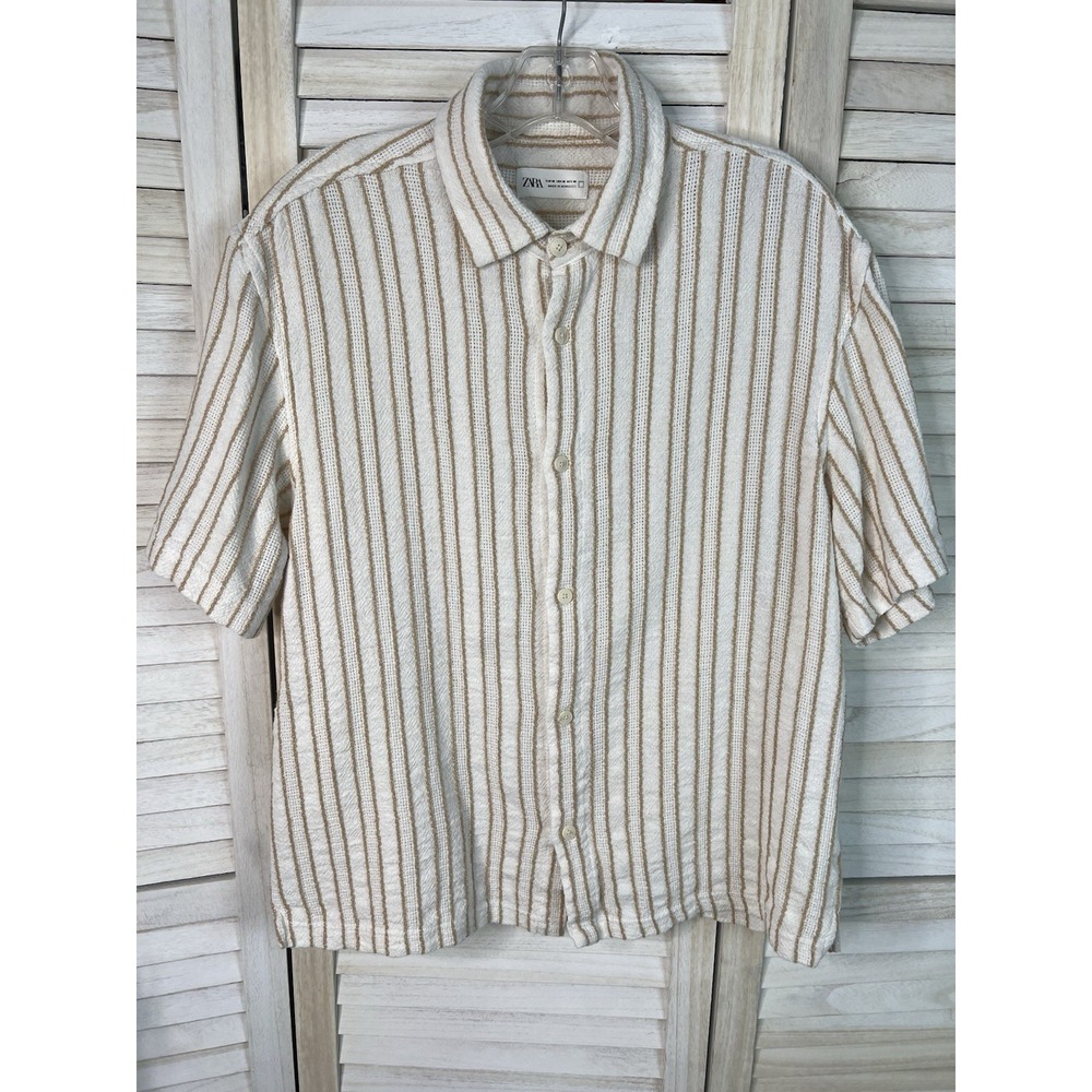 Zara Men's Size M Shirt Ivory Textured Short Sleeve Button Front Stripe Resort